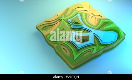 3D-rendering Fliegen über Ansicht Diagramm der Umgebung stilisierte grafisches Element creative Graphic Design Beispiel Diorama grünen Wald Felder, Planung Stockfoto