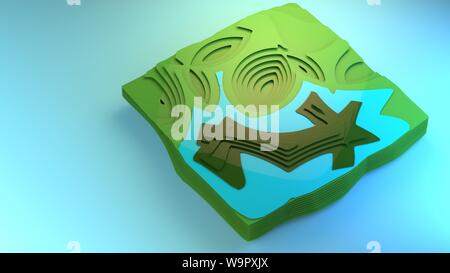 3D-rendering Fliegen über Ansicht Diagramm der Umgebung stilisierte grafisches Element creative Graphic Design Beispiel Diorama grünen Wald Felder, Planung Stockfoto