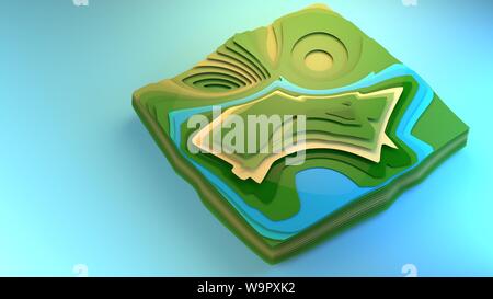 3D-rendering Fliegen über Ansicht Diagramm der Umgebung stilisierte grafisches Element creative Graphic Design Beispiel Diorama grünen Wald Felder, Planung Stockfoto
