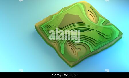 3D-rendering Fliegen über Ansicht Diagramm der Umgebung stilisierte grafisches Element creative Graphic Design Beispiel Diorama grünen Wald Felder, Planung Stockfoto