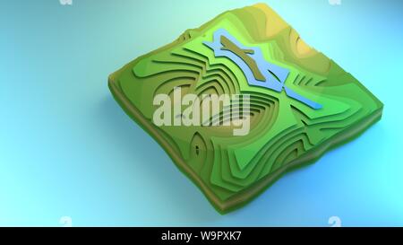 3D-rendering Fliegen über Ansicht Diagramm der Umgebung stilisierte grafisches Element creative Graphic Design Beispiel Diorama grünen Wald Felder, Planung Stockfoto