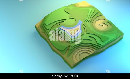 3D-rendering Fliegen über Ansicht Diagramm der Umgebung stilisierte grafisches Element creative Graphic Design Beispiel Diorama grünen Wald Felder, Planung Stockfoto
