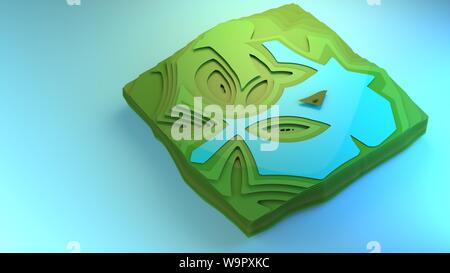 3D-rendering Fliegen über Ansicht Diagramm der Umgebung stilisierte grafisches Element creative Graphic Design Beispiel Diorama grünen Wald Felder, Planung Stockfoto