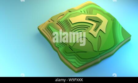 3D-rendering Fliegen über Ansicht Diagramm der Umgebung stilisierte grafisches Element creative Graphic Design Beispiel Diorama grünen Wald Felder, Planung Stockfoto
