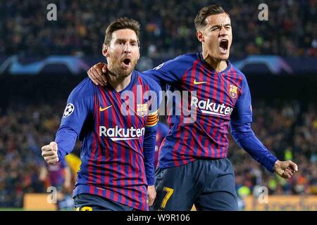 Barcelona, Spanien. 16 Apr, 2019. firo: 16.04.2019, Fußball, Fußball: UEFA, Champions League, CL, Saison 2018/2019 Viertelfinale, Ruck, FC Barcelona - Manchester United Jubel, ZIEL - Barcelona, Lionel Messi (10) feiert mit Barcelona Mittelfeldspieler Philippe Coutinho (7) 1-0 | Verwendung der weltweiten Kredit: dpa/Alamy leben Nachrichten Stockfoto