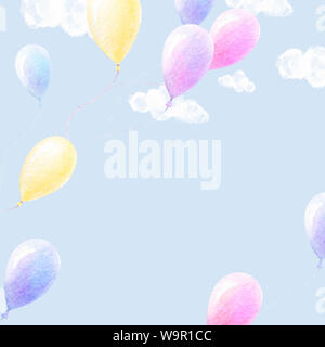 Cute Aquarell. Bunte Ballons fliegen im Himmel, weiße Wolken, hellblau hinterlegt. Baby Art Plakat Hintergrund. Druckqualität. Aquarell Kinder Stockfoto