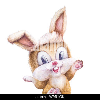 Aquarell. Kaninchen glücklich lächelnd. Cute Bunny. Kinder Persönlichkeit. Neugeborene kunst Geschenk. Druckqualität. Weißer Hintergrund. Aquarell Kinder Abbildung. Stockfoto