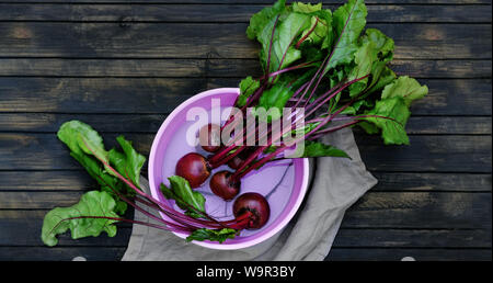 Rote Rüben in spülen. Rote Bete ist eine helthy Essen und ist reich an Antioxidantien und Vitamine. Wurzeln in einer Schüssel auf einem dunklen Holz Tisch. Stockfoto