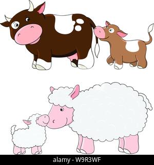Vektor Kühe und Schafe. Bauernhof Tiere mit Babys Stock Vektor