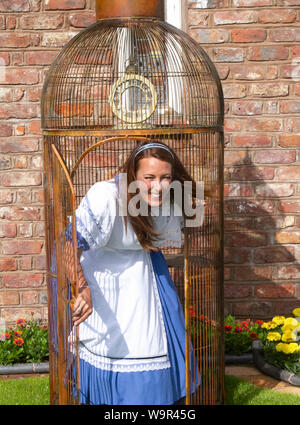 Southport, Merseyside. 15 August, 2019. UK Wetter, die Sonne bricht durch am Eröffnungstag in Southport Flower Show als verrückte Figuren auf die Ausstellung 'Mad Hatters Tea Party. Wer Stahl die Torten, fragte der Mad Hatter, als Alice (Gemma) & die Königin der Herzen die Massen zu unterhalten. Kredit; MediaWorldImages/AlamyLiveNews. Stockfoto