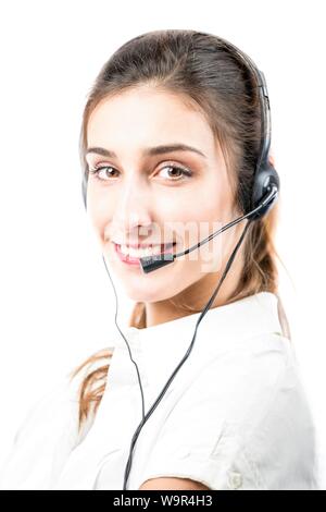 Support Phone Operator im Headset, Spanien Stockfoto