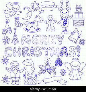 Der Vektor Weihnachten Figuren und Ornamente in Doodle style (Schneeflocken; Hut; Geschenk; Weihnachtsmann; Hirsch; Mistel; Engel; Glocken; Socken; c Stock Vektor