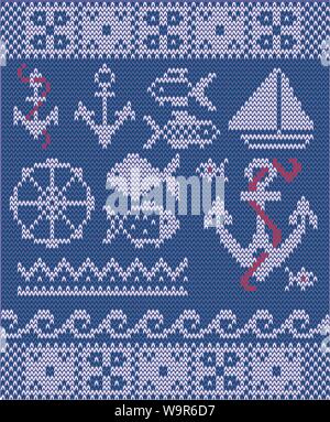 Vektor stricken nautisch Sammlung - Anker, Schiff, nahtlose Wellen Muster, Fisch, Lenkrad Stock Vektor