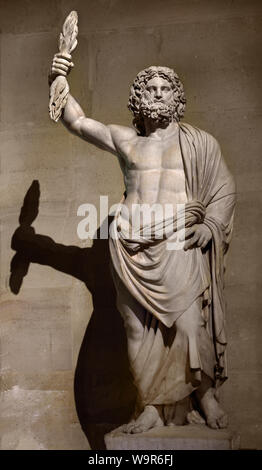 Statue eines männlichen Gottheit namens Jupiter von Smyrna Mitte des zweiten Jahrhunderts AD Izmir, Türkei, römisch, griechisch, (den rechten Arm schwingt der thunderbolt von Granier um 1686 verwandelt die Abbildung, vielleicht ursprünglich ein Asklepios, in eine Jupiter. 1696 in Versailles) Stockfoto