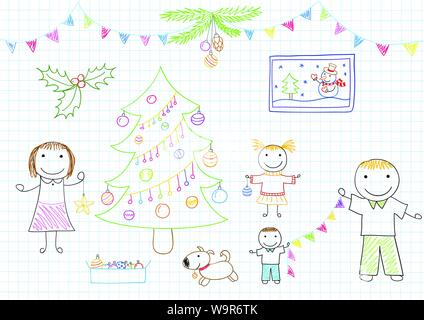 Glückliche Familie - Mutter, Vater und zwei Kinder schmücken Weihnachtsbaum. Auf der Seite "Notizbuch" Skizze Stock Vektor