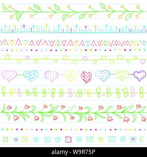 Nahtlose Hintergrund mit Grenzen in Doodle style (Herzen, Blumen, Efeu, Fahnen und geometrische Elemente enthalten). Kann für Doodle oder Hand gezeichnet d verwendet werden. Stock Vektor