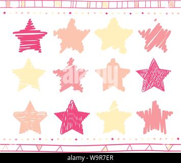Vektor Sammlung von Retro Gekritzelt Sterne mit Hand gezeichnet Stil von Gelb, Rosa und magenta Farben Stock Vektor