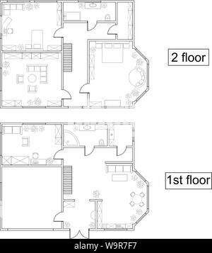 Abstract vector Plan der ersten und zweiten Etage eines zweistöckigen Hauses, mit Möbeln. Ansicht von oben. Küche, Wohnzimmer, zwei Schlafzimmer, Home Office, Waage Stock Vektor