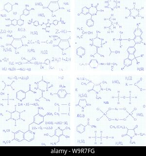 Sammlung von nahtlose Vektor Hintergründe mit Chemie Formeln und Gleichungen auf Notebook Seite. Endlose Textur kann für Bildung und Wissenschaft verwendet werden. Stock Vektor