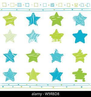 Vektor Sammlung von Retro Gekritzelt Sterne mit Hand gezeichnet Stil der grünen und blauen Farben Stock Vektor