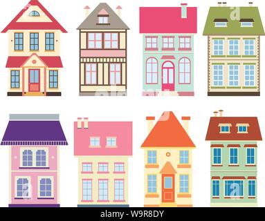 Satz von niedlichen Häusern im viktorianischen Stil. Flachbild-Symbole mit scrapbooking Design. EPS8 Stock Vektor