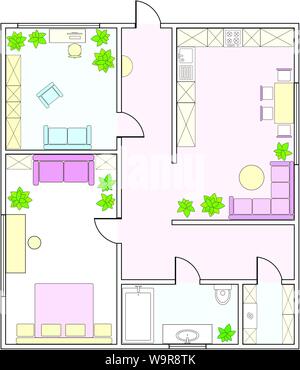 Abstract vector Plan der 2-Schlafzimmer Appartement mit Küche, Badezimmer, Kinderzimmer, Schlafzimmer, Wohnzimmer, Esszimmer, Bibliothek Stock Vektor