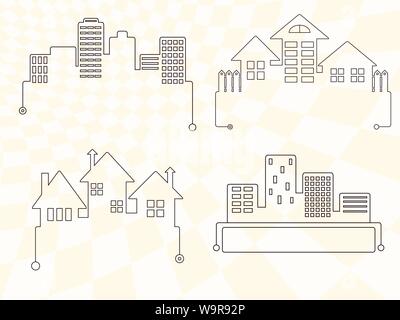 Sammlung von einfachen Vektor Icons mit Land und moderne Häuser. Auf kariertem Hintergrund Stock Vektor