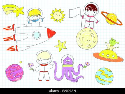 Vektor Skizzen mit glücklichen jungen und Aliens. Auf der Seite "Notizbuch" in Doodle style Skizze Stock Vektor