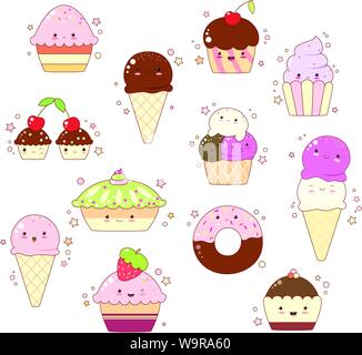 Vektor einrichten von Vanille, Schoko, Erdbeer, Eis, Waffeln, Muffins mit Sahne und Berry. In kawaii Stil mit lächelnden Gesichtern, rosa Wangen Stock Vektor