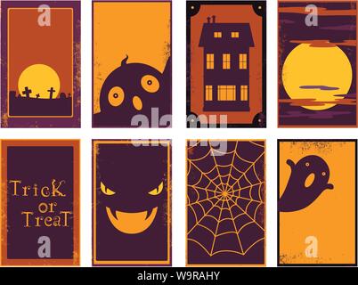 Satz von Vector Halloween Karten mit Orange, Schwarz und Rot. Plakat für Scrapbooking. Vector template Karte für die Begrüßung, Dekoration, Gratulation, Stock Vektor