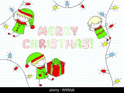 Weihnachten Rahmen mit Elfen - Santa Claus Helfer- und Weihnachtsbaum-Girlande. Auf der Seite "Notizbuch" Skizze Stock Vektor