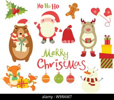Satz von Weihnachten Weihnachten Zeichen. Süße Tiere - Hirsch, Bär, Fuchs, und Santa Claus. Weihnachten Aufkleber für Scrapbooking. Schneemann, Gingerbread Man, Geschenk, Stock Vektor