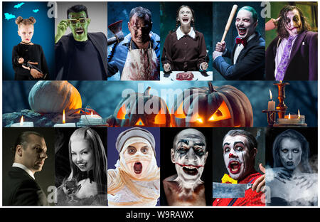 Mystische Zeichen in nächtlichen kreative Collage aus verschiedenen Fotos von 9 Modellen. Konzept der Horror, Halloween. Pumpking mit der Kerze indside. Hexen, Dämonen, Mörder. Der Herbst Tradition. Stockfoto