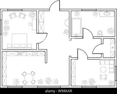 Abstract vector Plan der 1-Schlafzimmer Appartement mit Küche, Bad, Waschküche, Schlafzimmer, Wohnzimmer, Esszimmer Stock Vektor