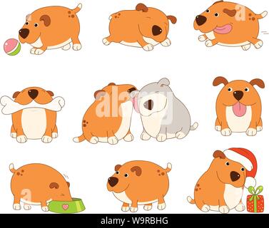 Satz von cute rot hund in kawaii Stil. Lustig, Lachen, Spielen, Schlafen, Essen, Laufen, mit Knochen, mit Freund. EPS8 Stock Vektor