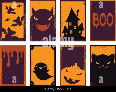 Satz von Vector Halloween Karten mit Orange, Schwarz und Rot. Plakat für Scrapbooking. Vector template Karte für die Begrüßung, Dekoration, Gratulation, Stock Vektor