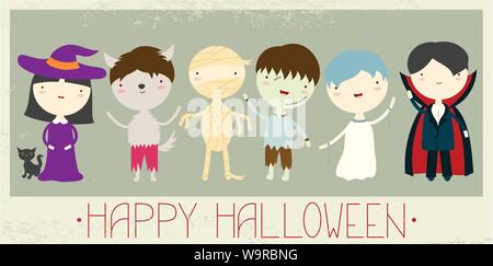 Halloween Banner, Hintergrund, Flyer, Plakat mit niedlichen Kinder in Monster Masken - zombie, Werwolf, Vampir, Hexe, ghost, Mami. Vector template Ca Stock Vektor