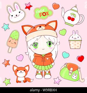 Satz von niedlichen Symbole in kawaii Stil. Kleines Mädchen in der Hoody, Green rock und hut mit Fox Gesicht, Aufkleber mit Kaninchen Gesicht und Inschrift cute Fox, Ice c Stock Vektor