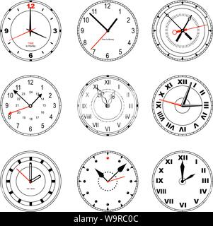 Satz von bearbeitbaren clock Symbole. Kurzwahlen mit römischen und Standard zahlen, mit Pfeilen in verschiedenen Formen. EPS8 Stock Vektor