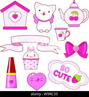 Cute little Princess Sticker Set-Cat, Herz, Nagellack, cupcake, Bug, Teekanne, kleines Haus, Band, Inschrift so niedlich, Eis. In rosa Farbe. Stock Vektor