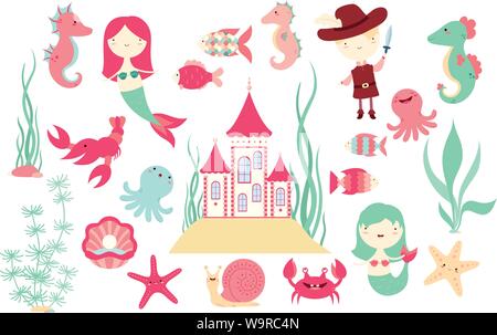 Satz von cute fairy-tale Zeichen - Meerjungfrau, Fisch, Tintenfisch, Krabben, Schloss, Piraten und Meer Pferd. Paper doll vector Template für die Begrüßung, Dekoration, c Stock Vektor