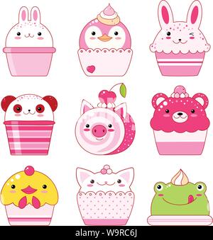 Vektor tierischen geformte Desserts, Eis, Kuchen, rollen. Vanille, Schokolade, Zitrone, Erdbeere. Mit lächelndem Gesicht und rosa Wangen. Huhn, Panda Stock Vektor