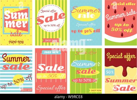 Der Sommer verkauf Rabatt Banner, Aufkleber, Flyer, Gutscheine, Aufkleber, Plakat mit Inschriften in Retro Style. Vector vintage Vorlage Karte für Begrüßung Stock Vektor