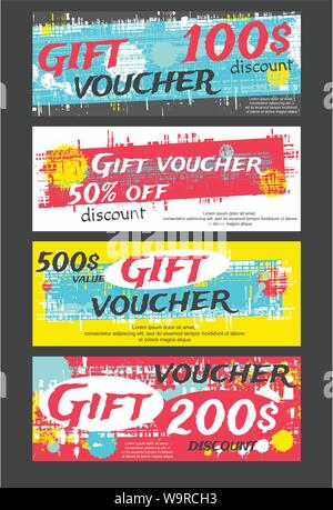 Horizontale Gutschein, Label, Kupon, Aufkleber mit Inschriften in grunge Stil. In blau, rot, gelb und dunkel grauen Farben. Vorlage für Deco Stock Vektor