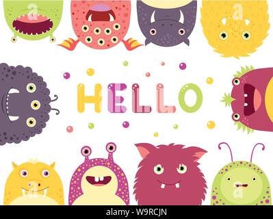Rahmen mit niedlichen Lustig neugierige Cartoon Monster heraus suchen und Beschriftung hallo. EPS8 Stock Vektor