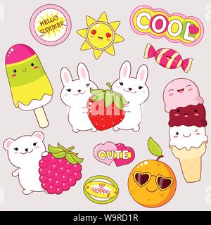 Satz von niedlichen Symbole in kawaii Stil. Bunny mit Erdbeere, Bär mit Himbeere, Eis, Sonne, orange Sonnenbrille, Süßigkeiten, Aufkleber mit Beschriftung c Stock Vektor