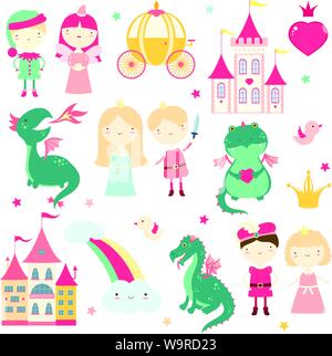 Vektor einrichten von niedlichen märchenhafte Figuren - Prinz, Prinzessin, Elfen, Drachen, Märchen, Coach, Schloss. In retro Pastellfarben. EPS8 Stock Vektor