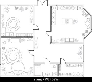 Abstract vector Plan der 1-Schlafzimmer Appartement mit Küche, Bad, Schlafzimmer, Wohnzimmer, Esszimmer, Bibliothek. EPS8 Stock Vektor