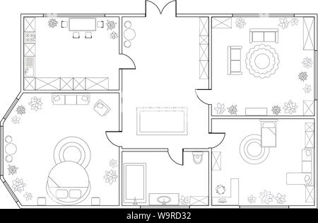 Abstract vector Plan der 2-Schlafzimmer Appartement mit Küche, Bad, Schlafzimmer, Wohnzimmer, Esszimmer, Bibliothek. EPS8 Stock Vektor