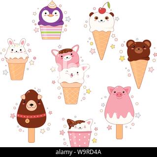 Vektor tierischen geformte Eiscreme - Vanille, Schokolade, Erdbeere. In kawaii Stil mit lächelnden Gesichtern, rosa Wangen und Augen. Katze, Kaninchen, Stock Vektor